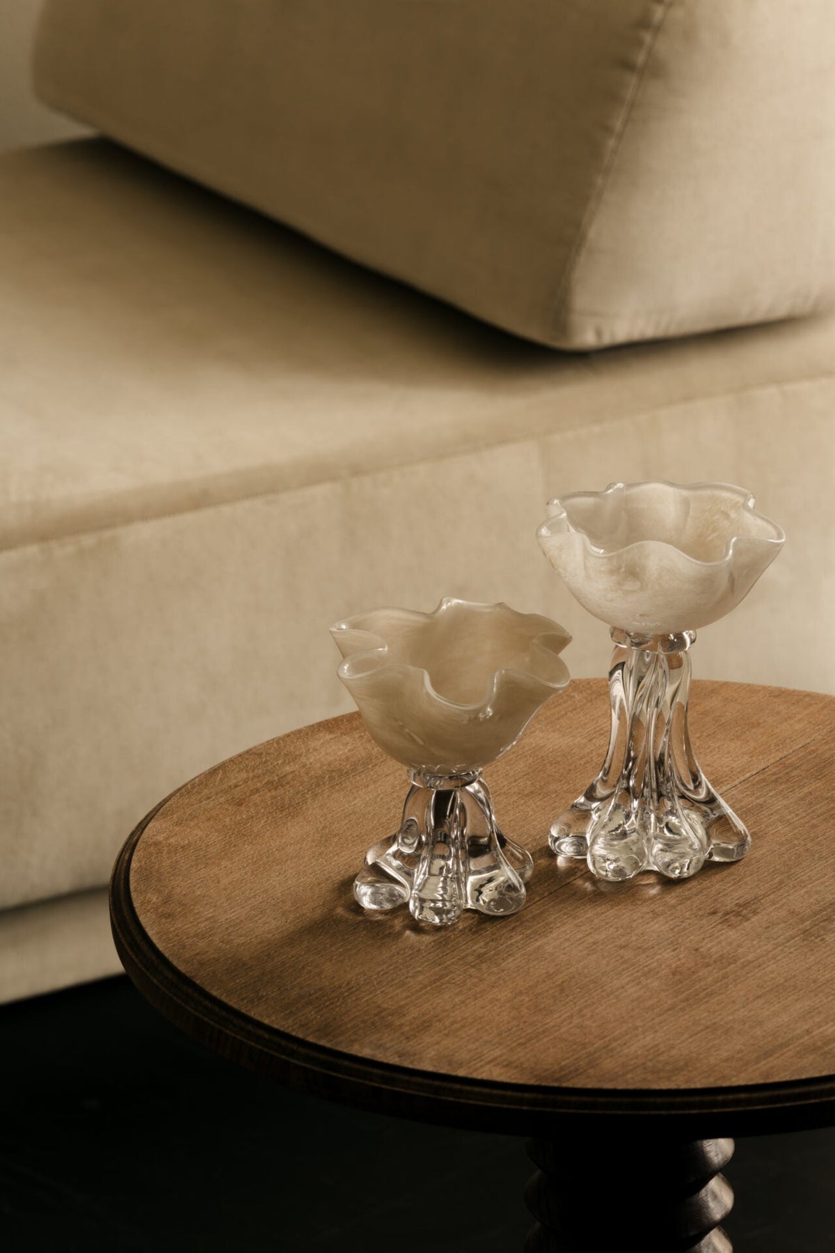 Verna glass votives by Olsson & Jensen styled on a side table