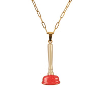 gold necklace with red plunger pendant, by Seletti Toiletpaper
