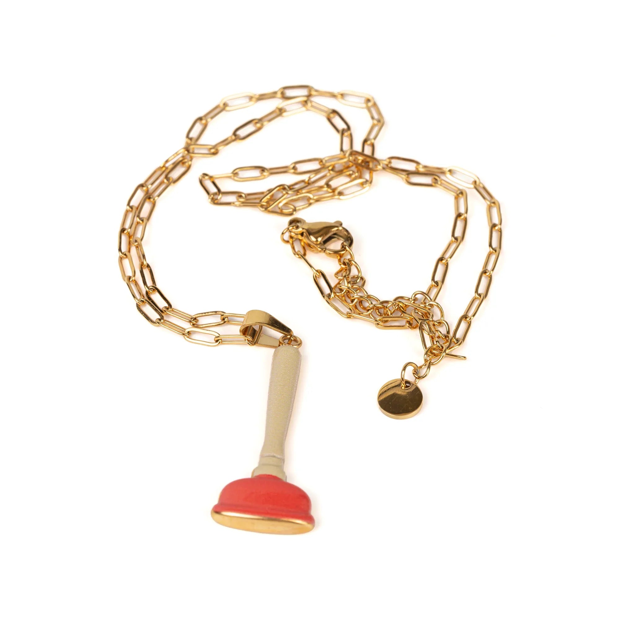 Seletti Toiletpaper sink plunger necklace with gold chain and plunger pendant, 28mm

