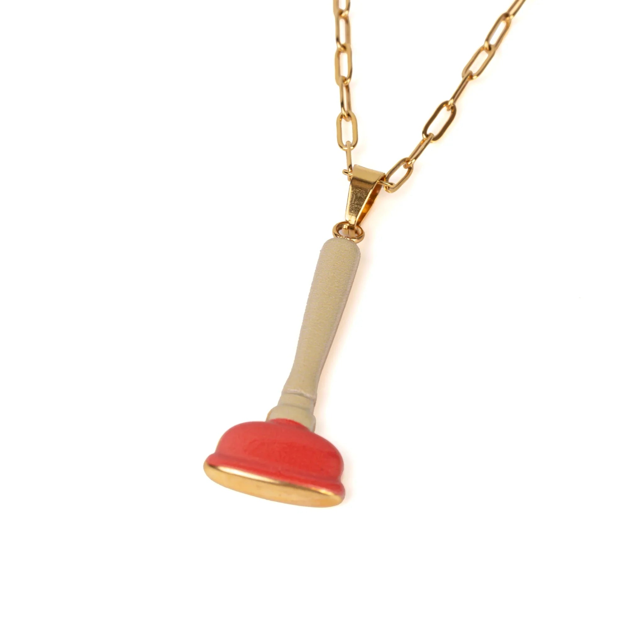 Necklace with a unique pendant featuring a red and beige design on a white background