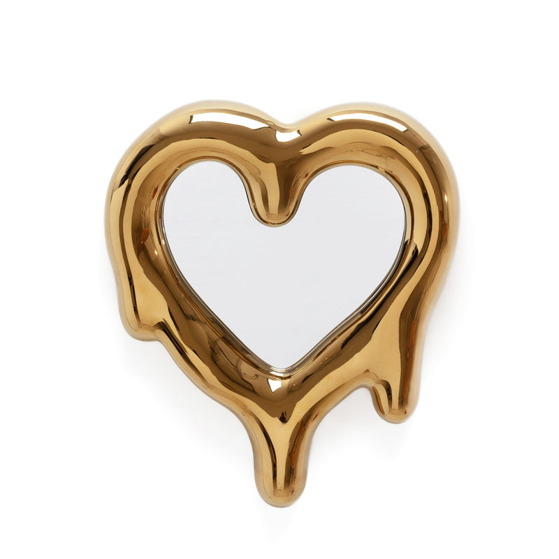 Seletti Gold Melted Heart mirror and photo frame, front view as a mirror