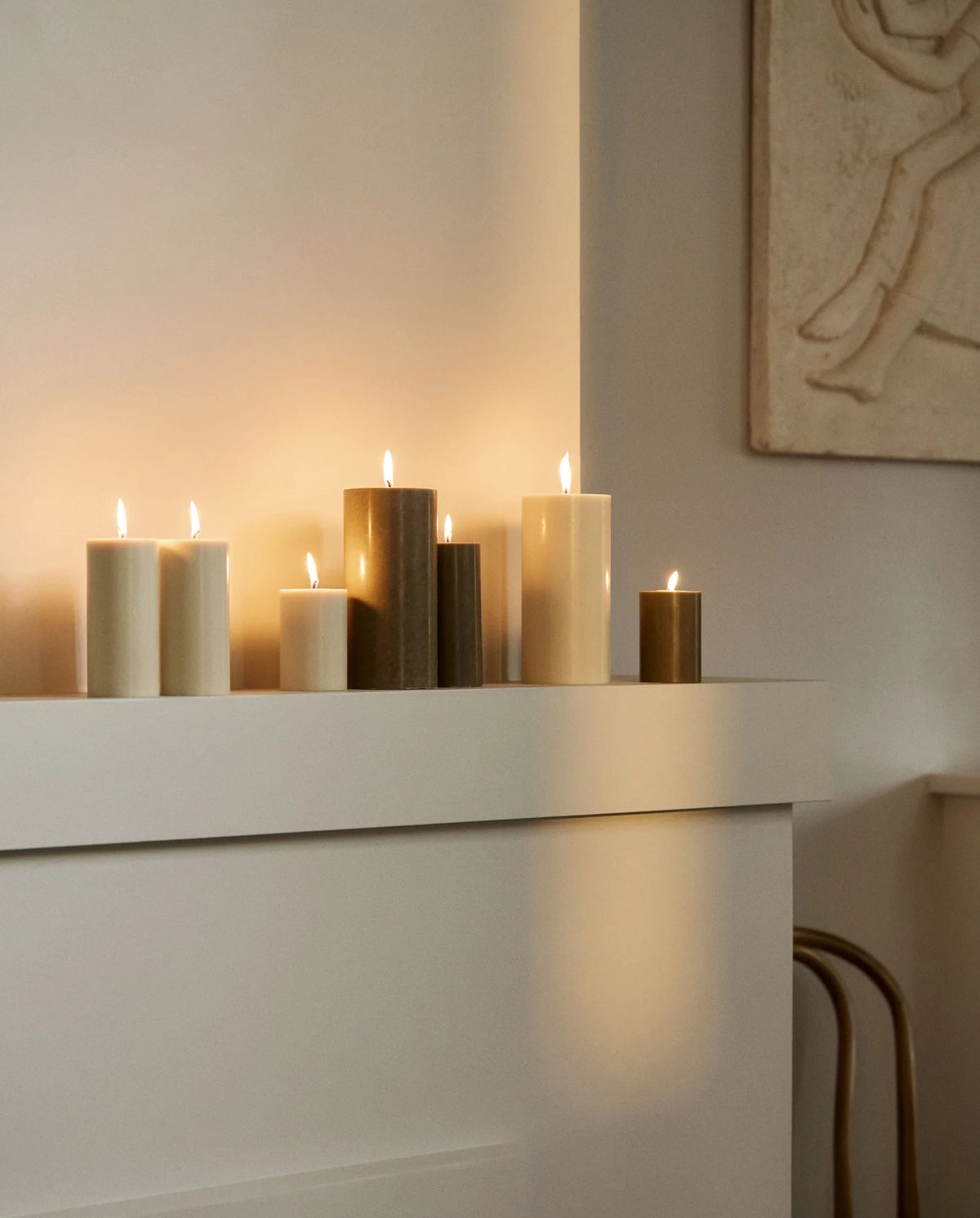 Beige pillar candle by Nordal, 10cm, product shot on a plain background