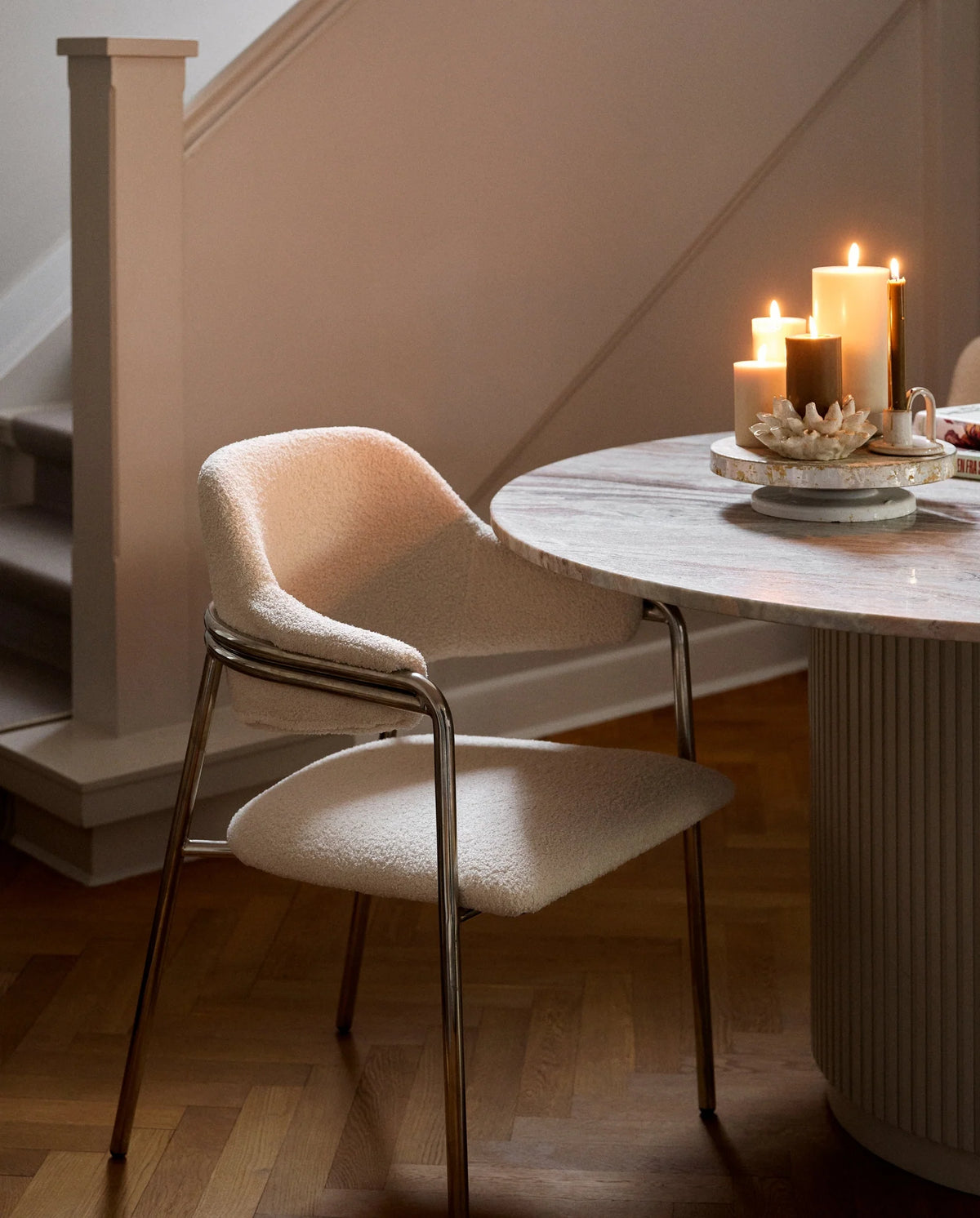 Beige pillar candle by Nordal, styled lifestyle shot