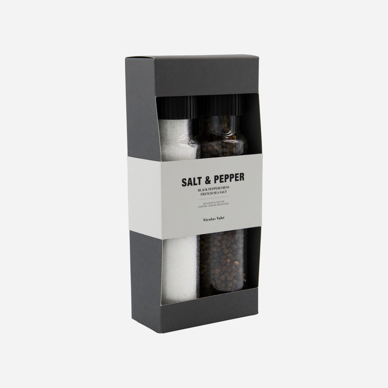 Nicolas Vahé Salt and Pepper gift box with French sea salt and black peppercorns in ceramic grinders, a considered foodie gift