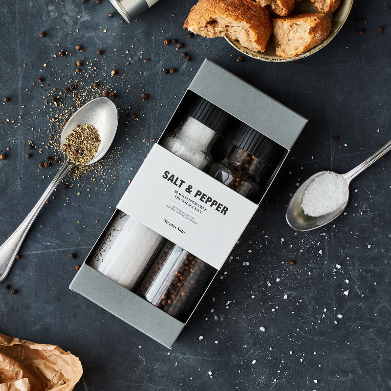 French sea salt and freshly ground black pepper on vintage spoons, the everyday seasoning duo from Nicolas Vahé