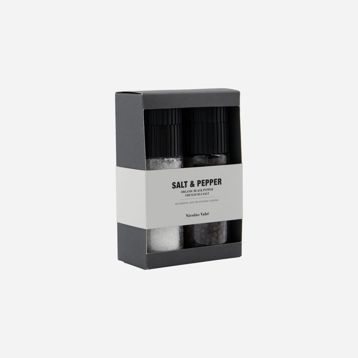 Salt and pepper shakers in a black and white packaging box on a white background
