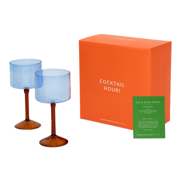 set of two blue urban nature culture gin-tonic glasses with orange gift box