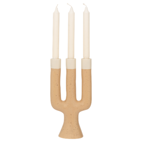 front view of Nox three-arm candle holder with natural colour blocking