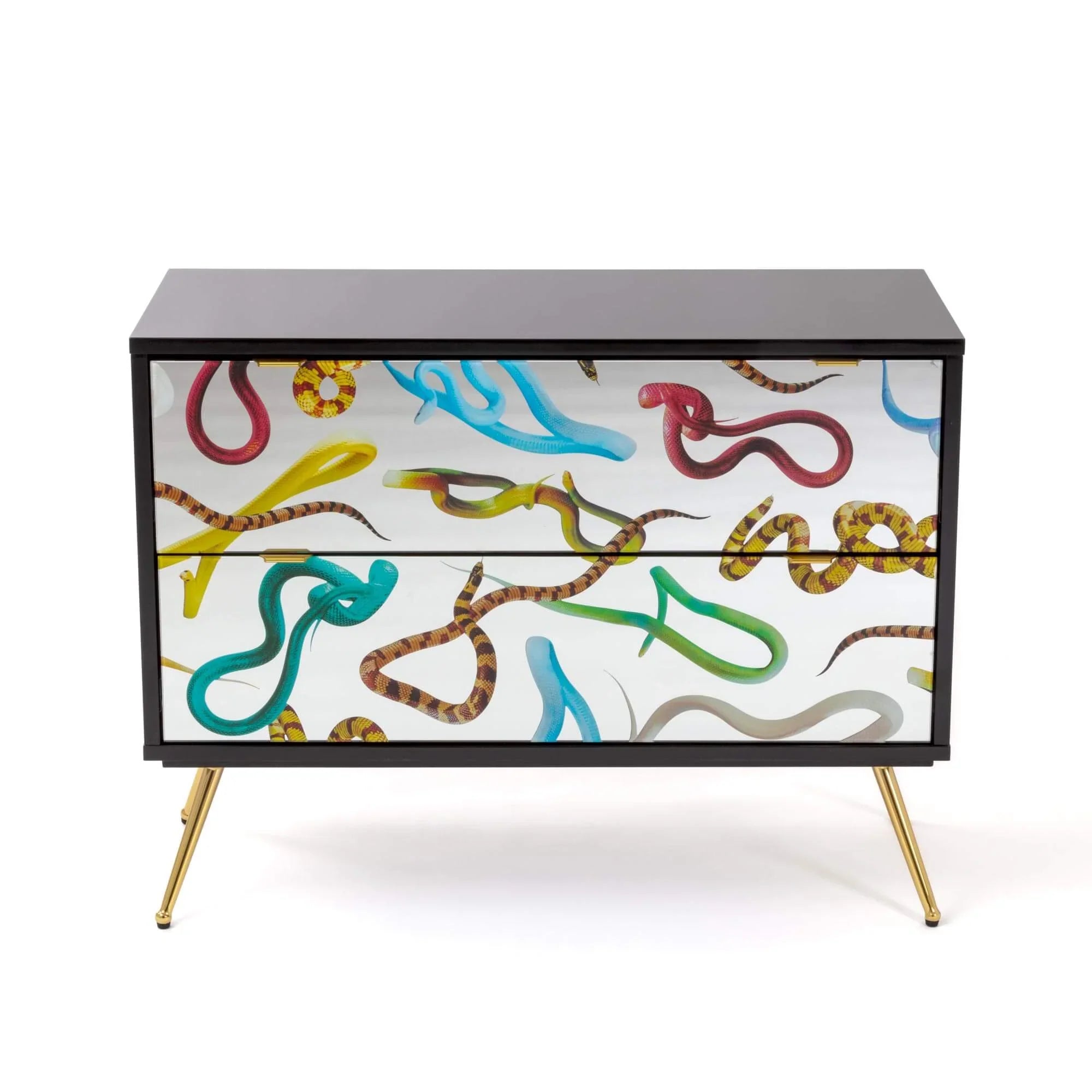 Statement two-drawer chest with surreal snake imagery by Toiletpaper