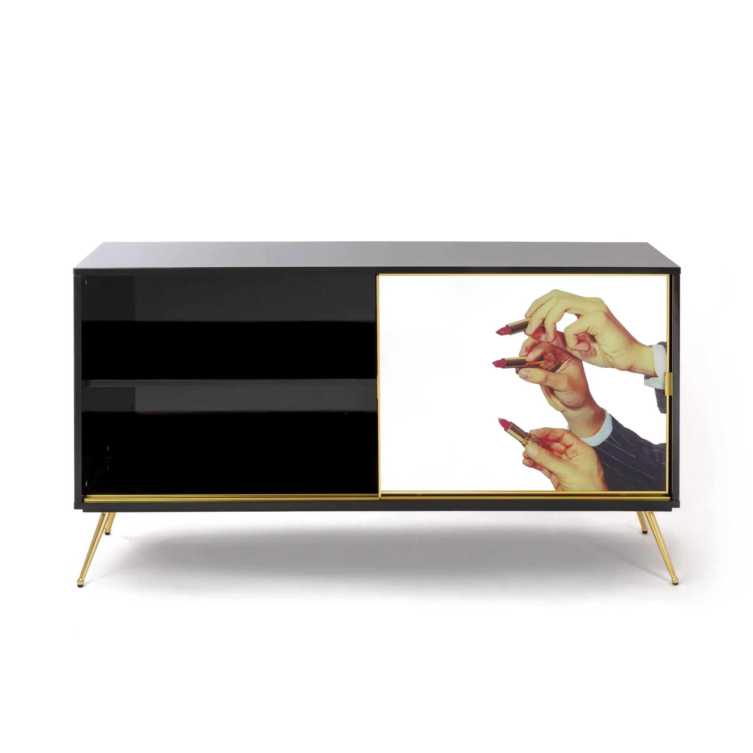 Lipstick motif designer cabinet with gold legs for creative homes
