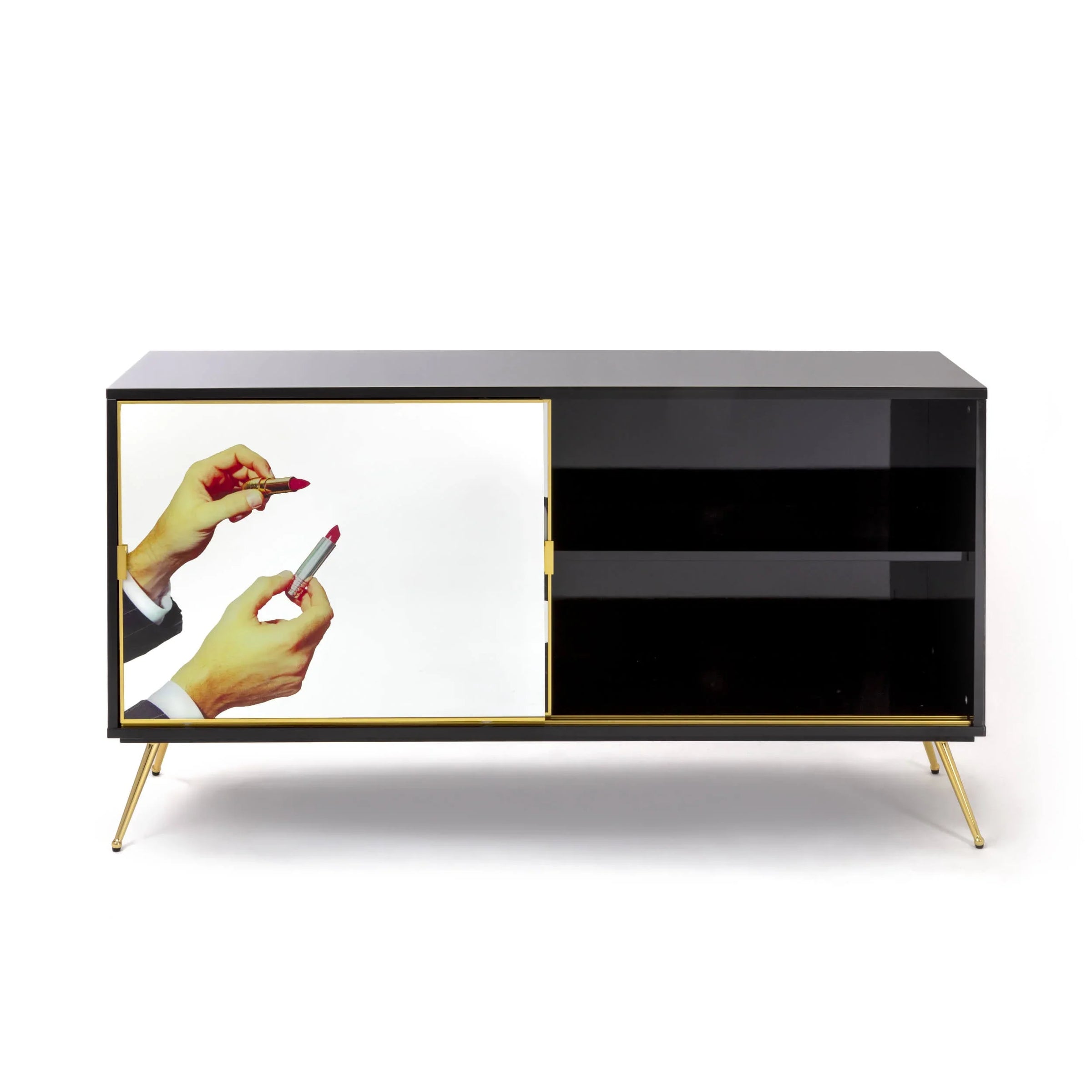 Artistic sideboard with Toiletpaper Magazine lipstick design by Seletti
