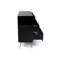 side view of 3 drawer chest of drawers with drawers slightly open