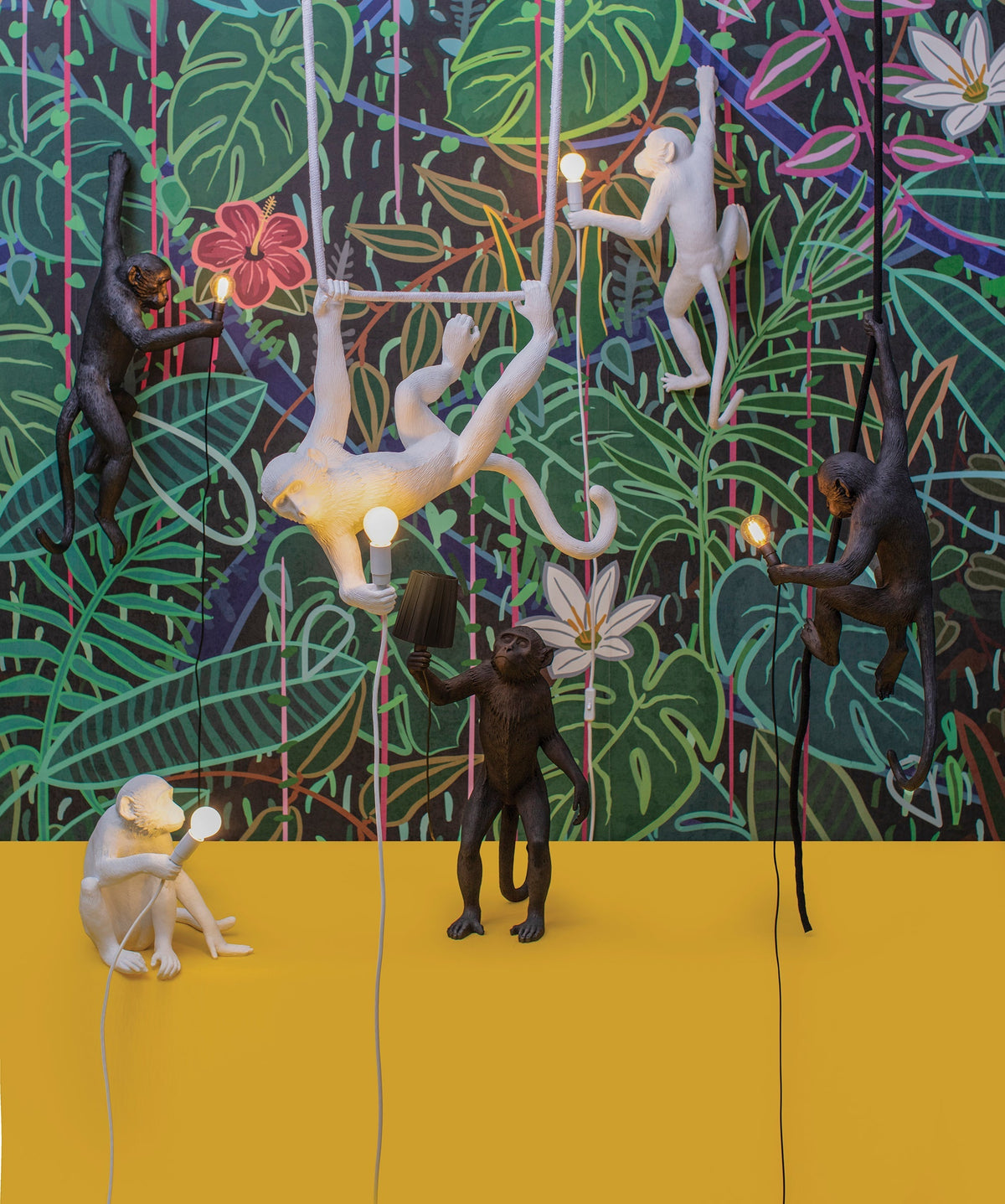 Seletti Monkey Lamps in black and white, hanging, sitting, standing and ceiling versions