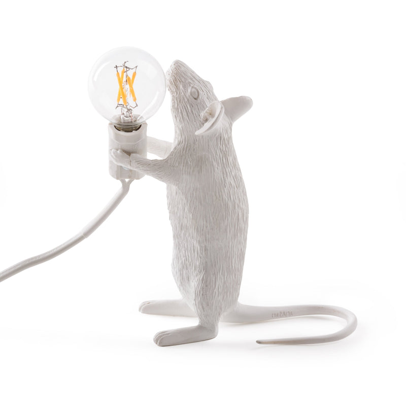 Seletti White Mouse Lamp, standing mouse holding a light bulb, front view