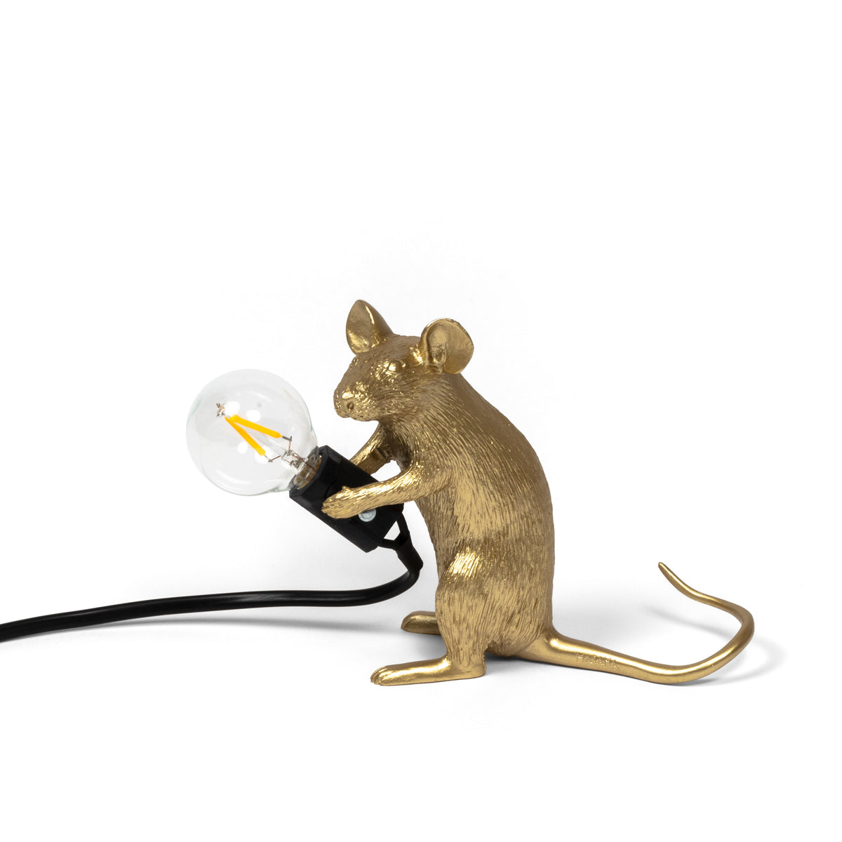 Seletti Gold Mouse Lamp, sitting mouse holding a light bulb