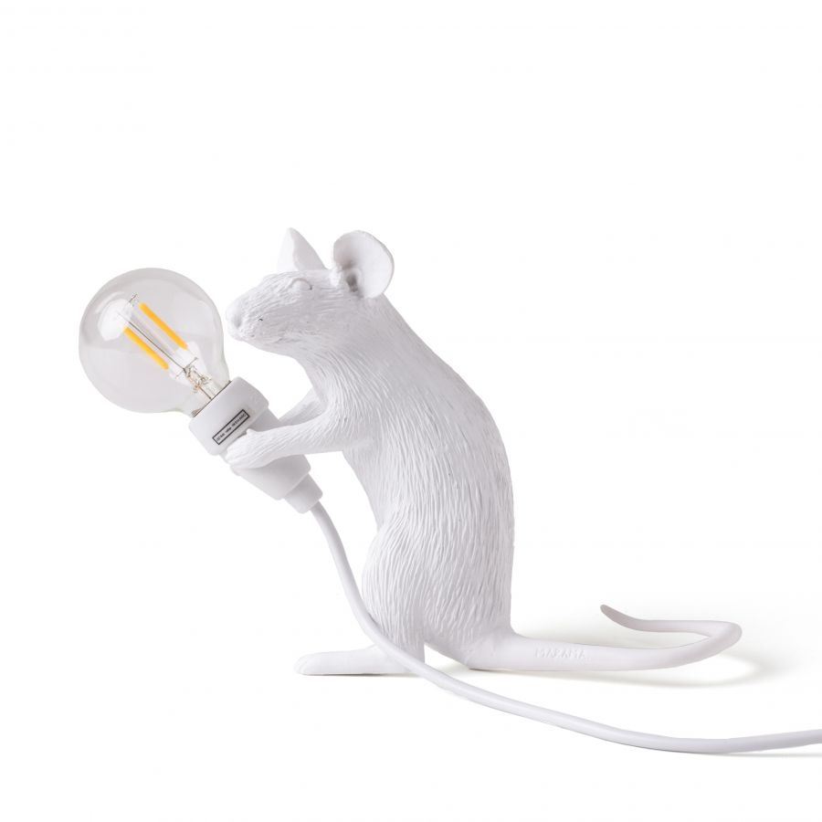 Seletti White Mouse Lamp, sitting mouse holding a light bulb
