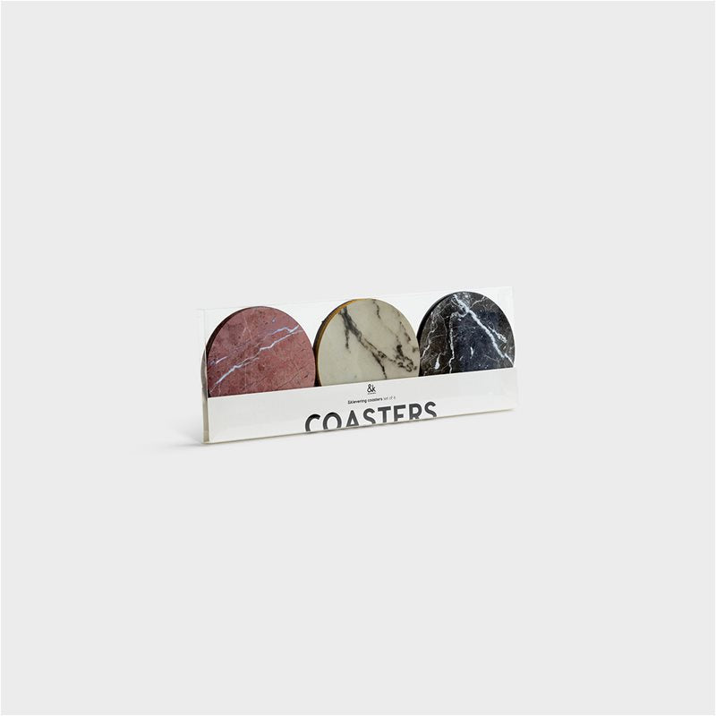 set of six marble-effect cork coasters in packaging