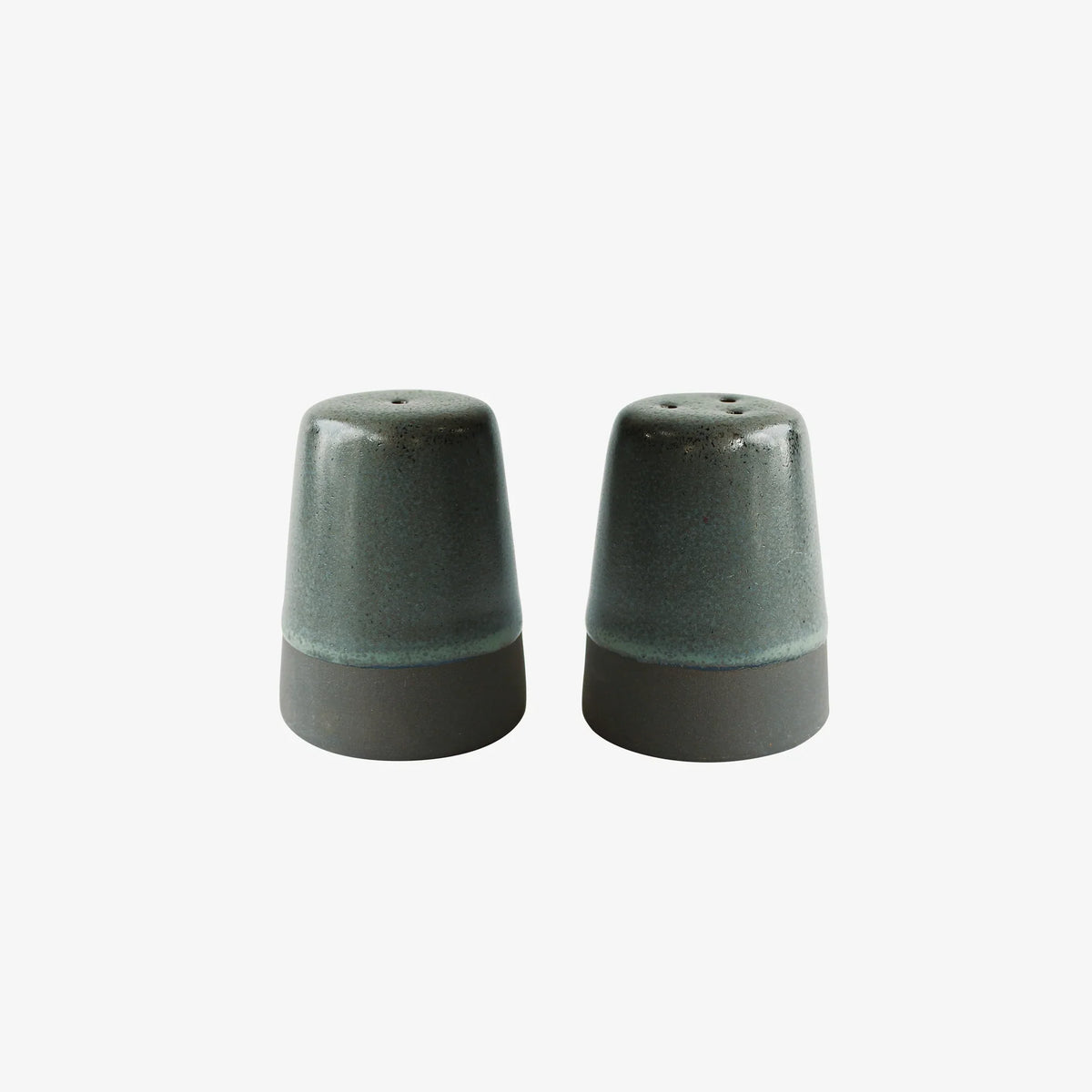 Handmade stoneware salt and pepper set in deep Northern Green glaze
