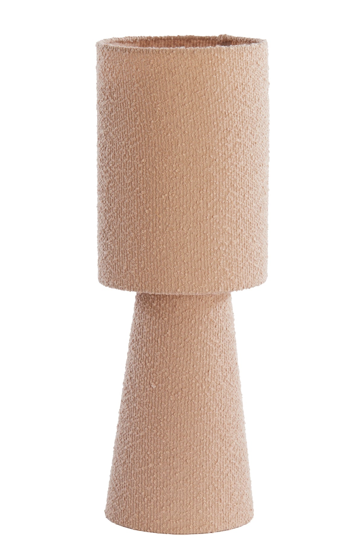 sand bouclé table lamp styled on side tables in warm living space
