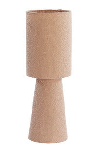 sand bouclé table lamp styled on side tables in warm living space
