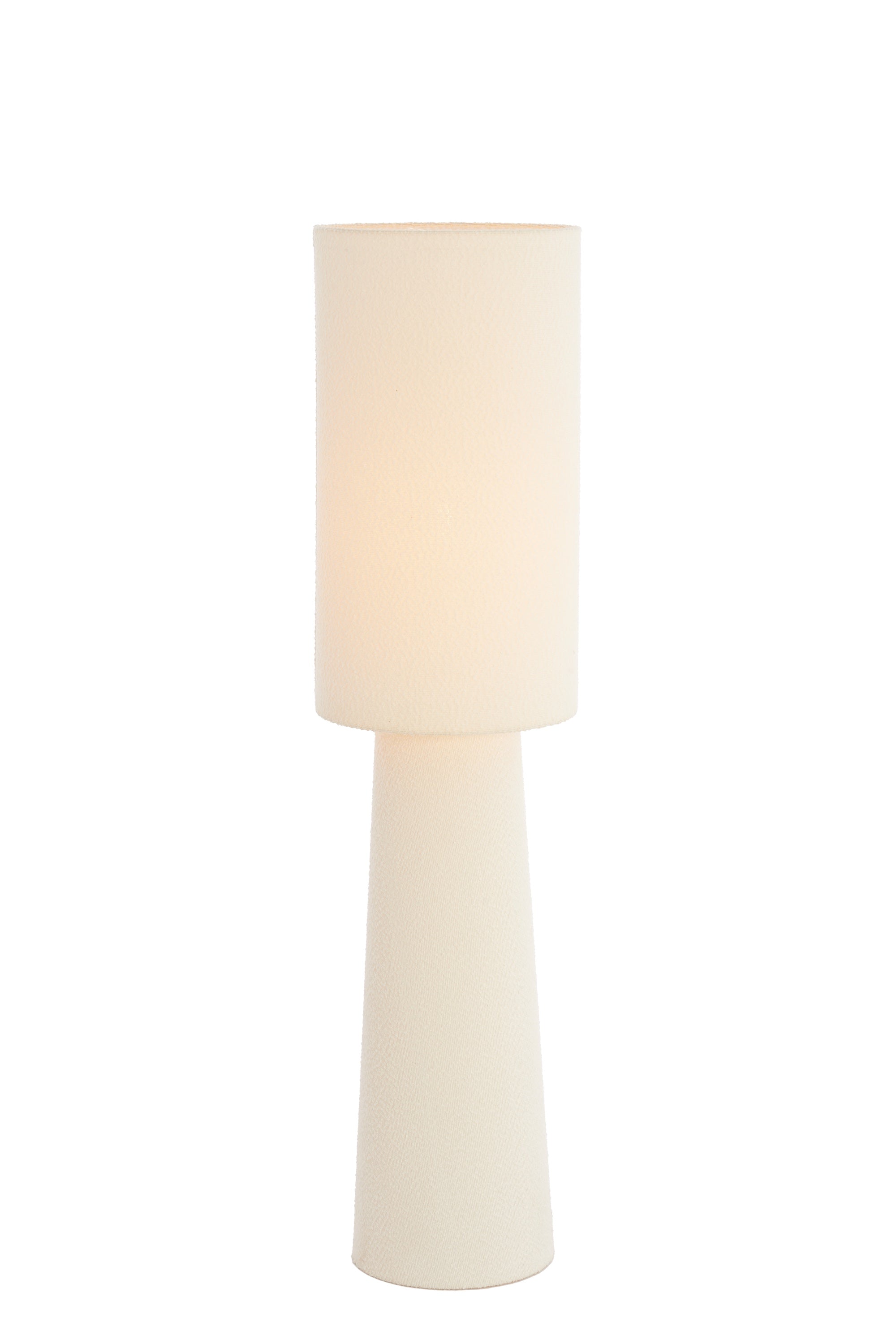cream boucle floor lamp with round shade and sculptural base, 165cm, by Light & Living
