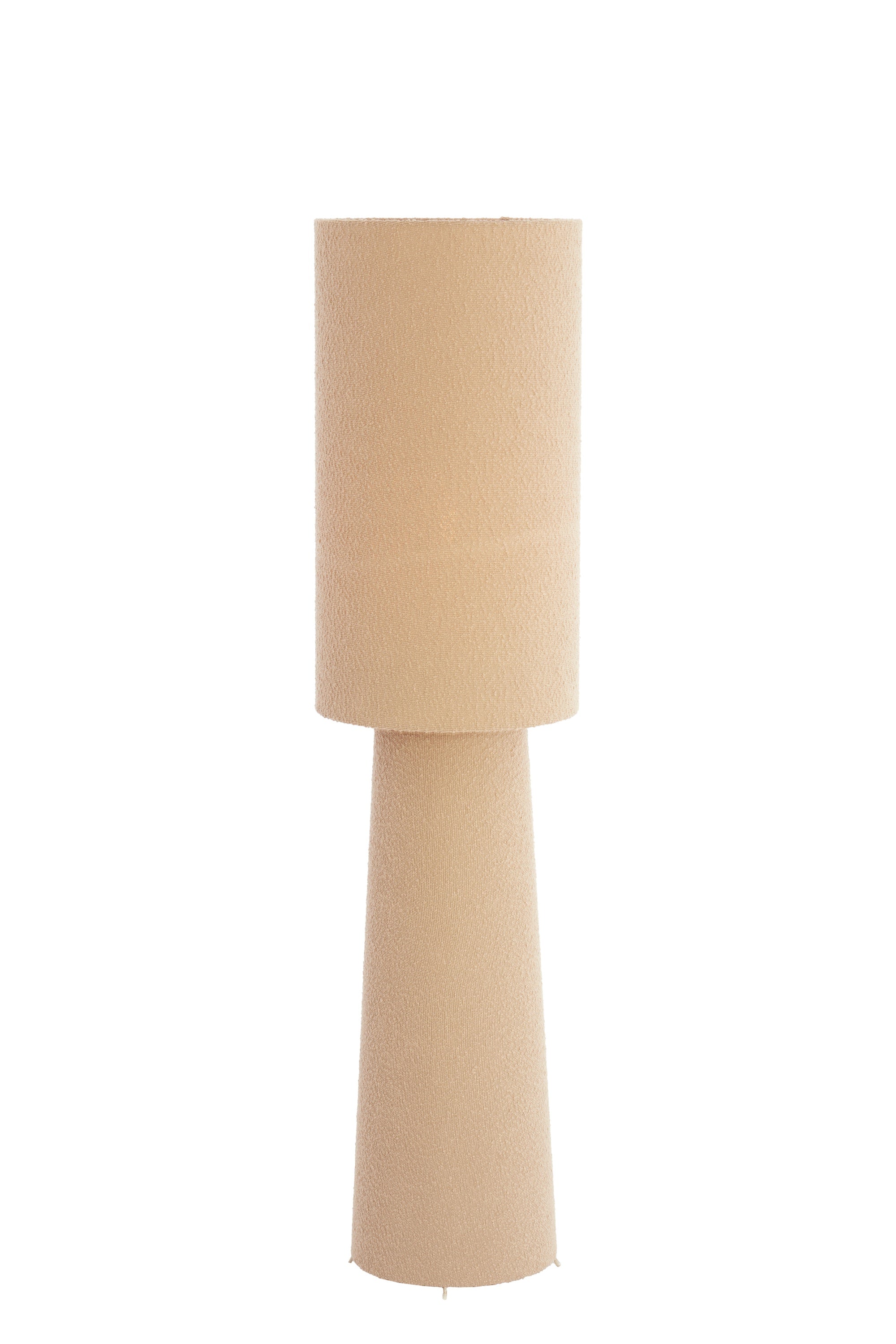 sand caramel boucle floor lamp with round shade and sculptural base, 165cm, by Light & Living
