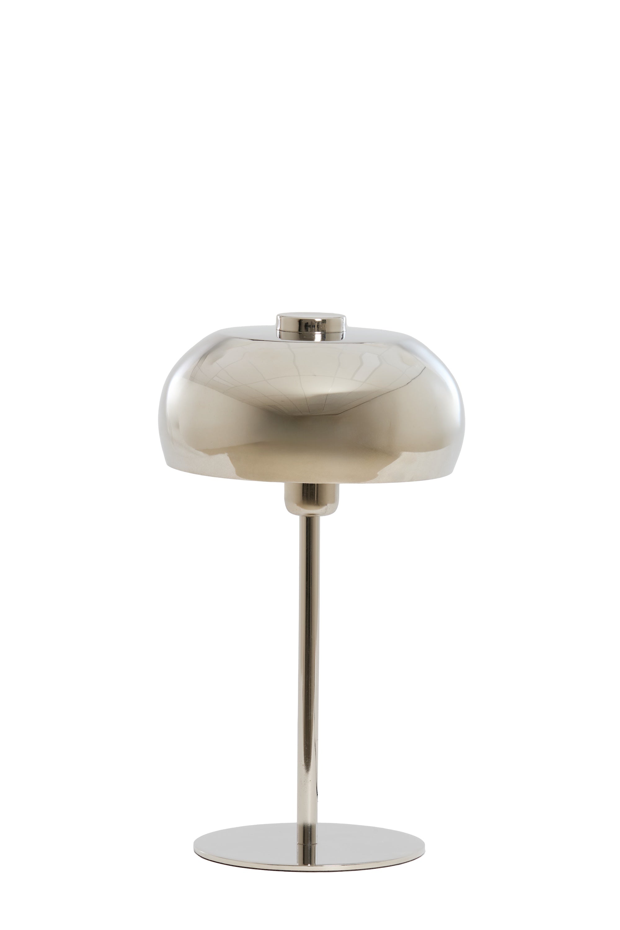 shiny nickel table lamp styled on a console for modern interiors
