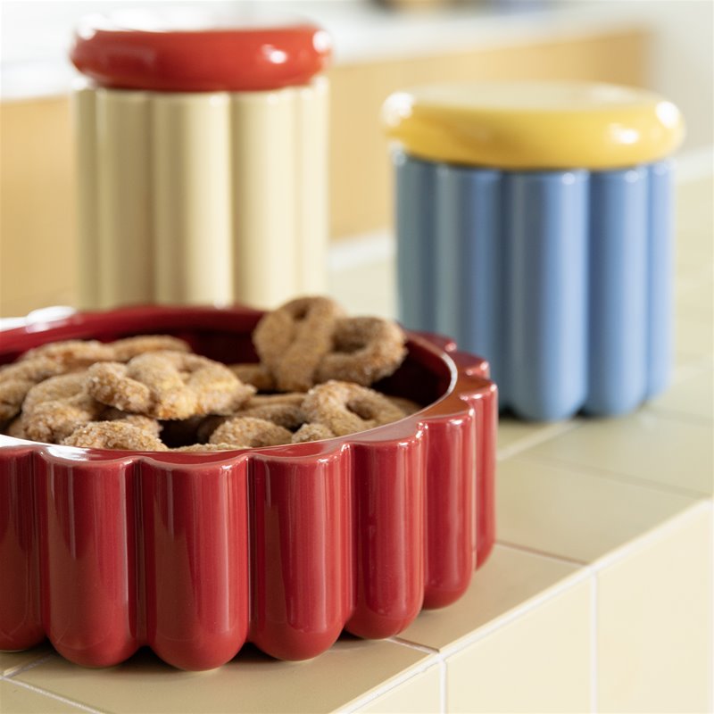 Red ceramic pet bowl filled with treats on a kitchen counter with colorful containers in the background.