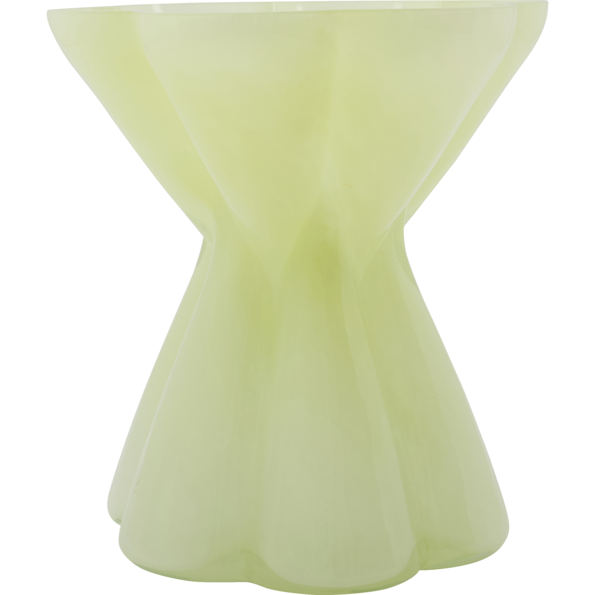 House Doctor Say mouthblown glass vase in yellow green with hourglass silhouette and scalloped base, a sculptural pale chartreuse piece for modern shelves