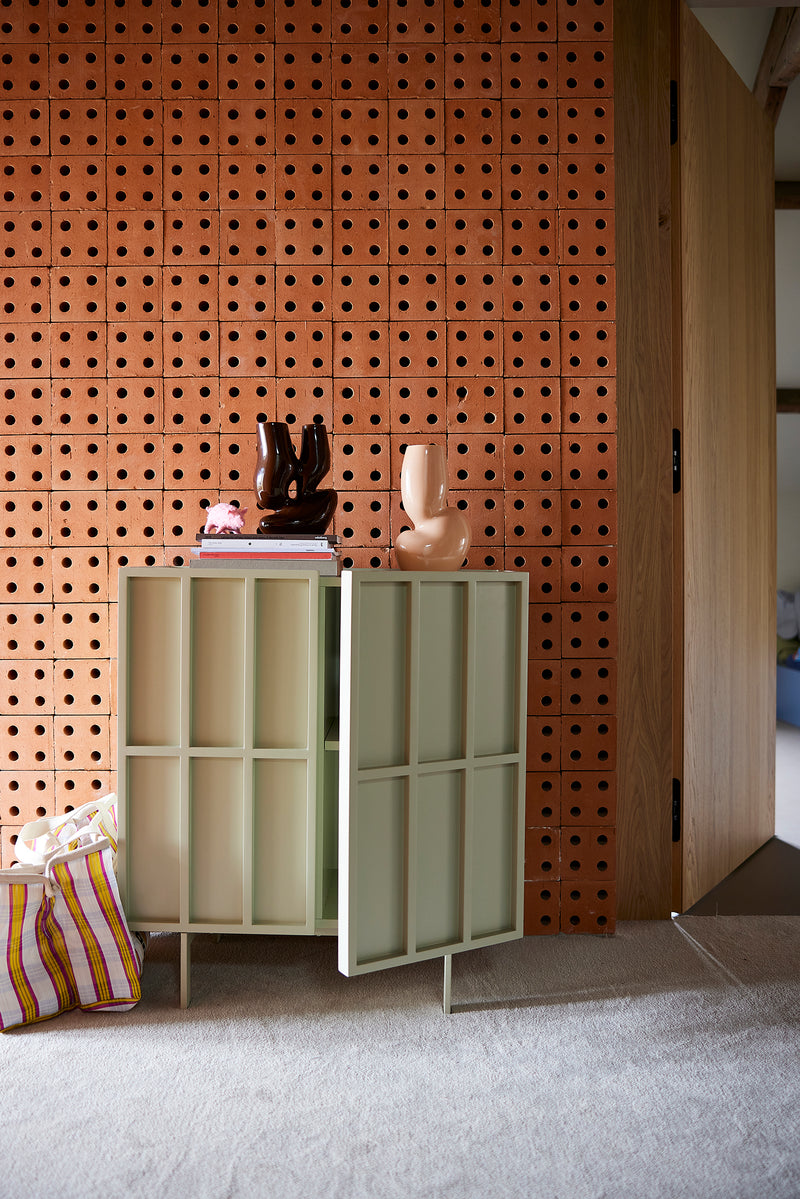 HKLIVING cupboard in glossy cream, front view with panelled doors and slim legs