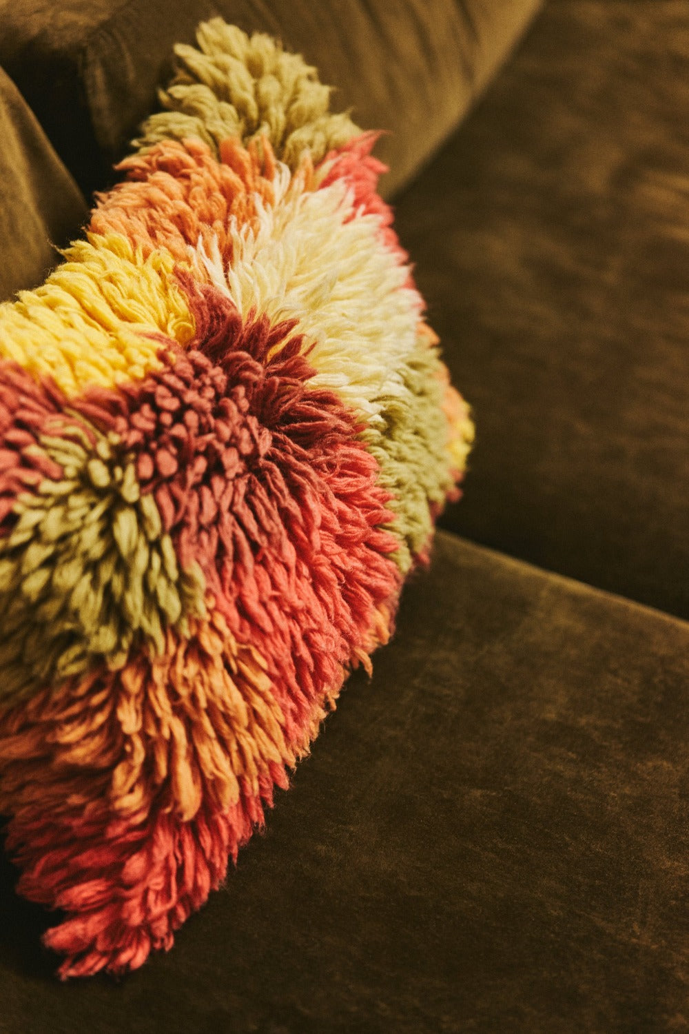 HKLIVING multicolour shaggy wool cushion styled in a warm neutral interior with layered textiles
