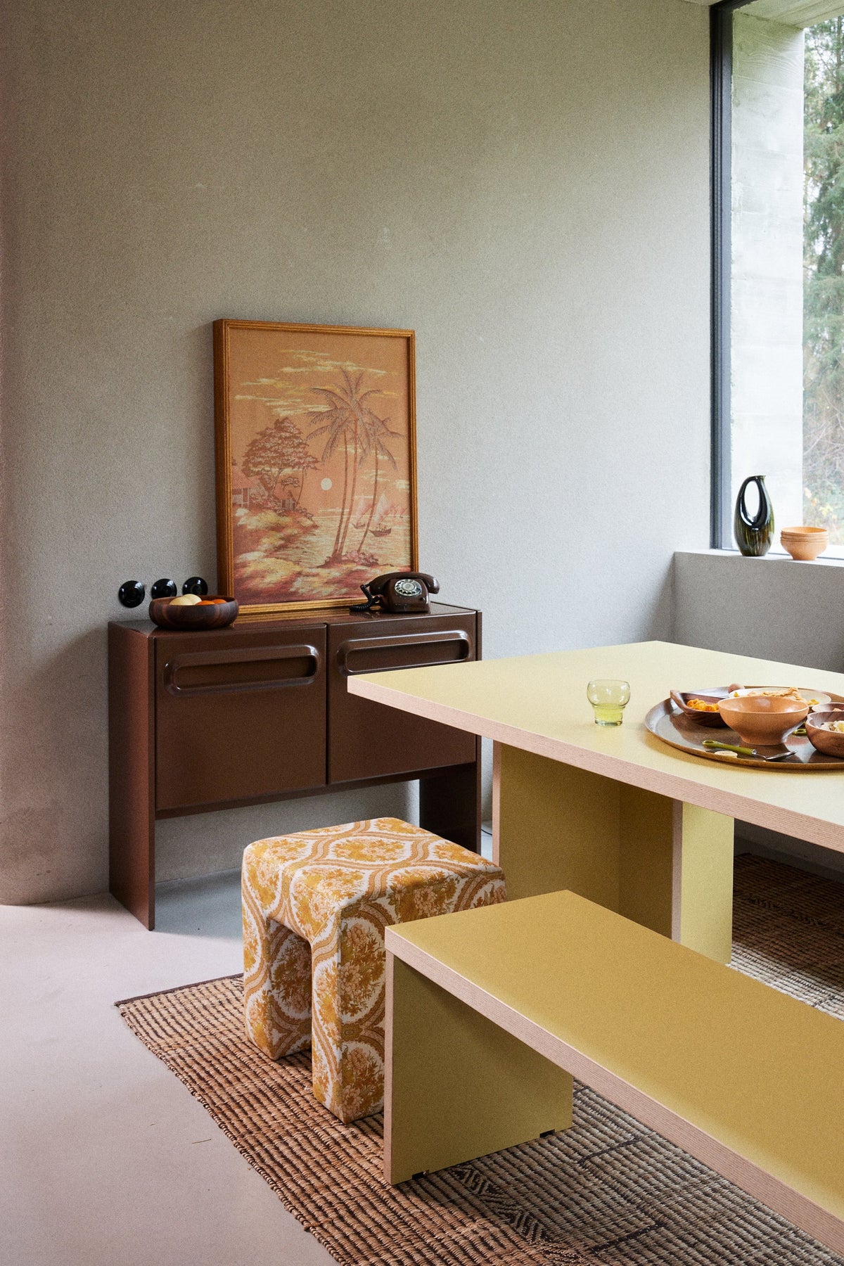 Olive HKLIVING dining bench and matching table beside a wooden sideboard in a calm dining room