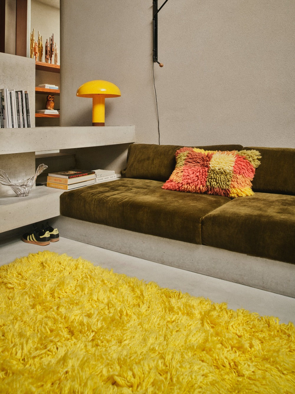 HKLIVING multicolour shaggy wool cushion styled on a sofa for cosy textured living room decor
