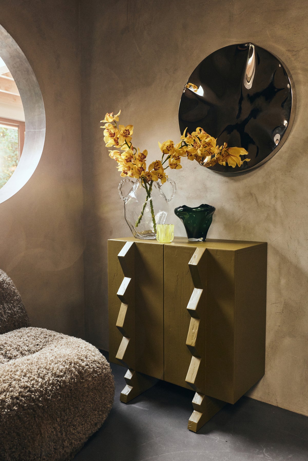 HKLIVING chrome wall sculpture styled in a contemporary Nordic interior