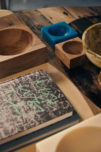 HKLIVING Pop Cube Small in Blue styled on a wooden tray with small bowls and a notebook