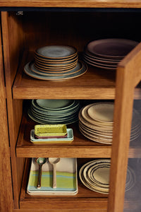HKLIVING 70s ceramics large glint tray styled in a wooden cabinet with colourful tableware