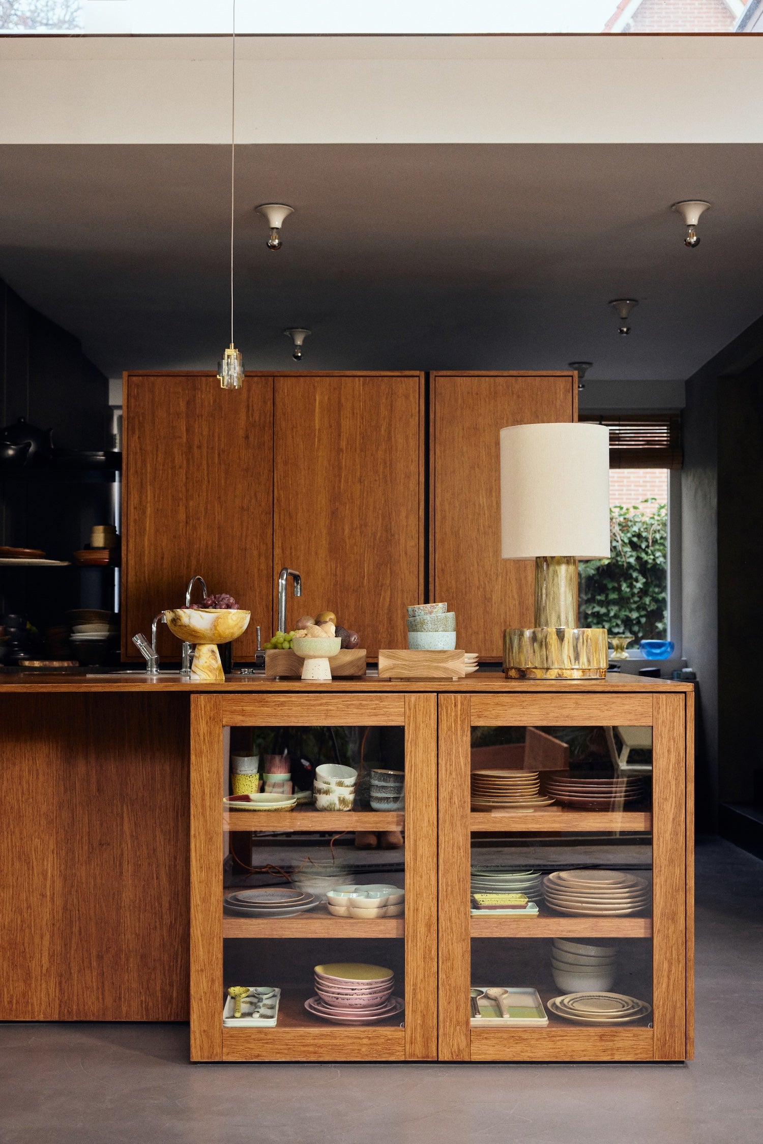 HKLIVING ceramic lamp base with cream linen shade styled on a wooden kitchen island