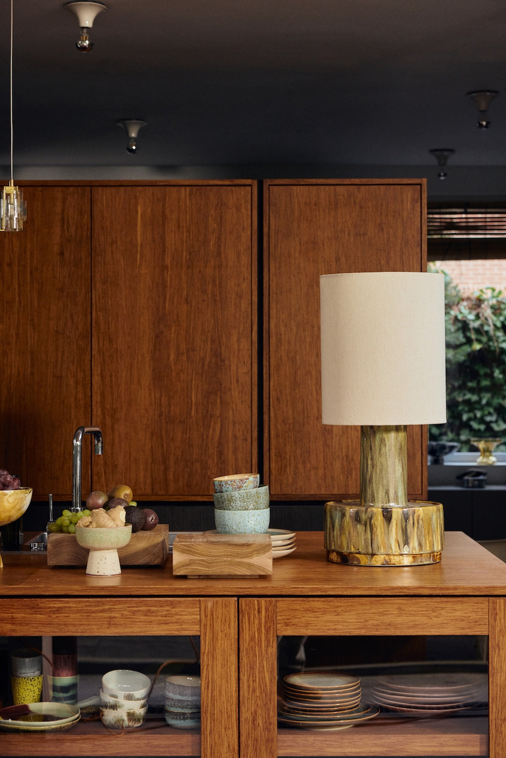 HKLIVING natural linen cylinder lamp shade styled on a kitchen island beside ceramics and glassware