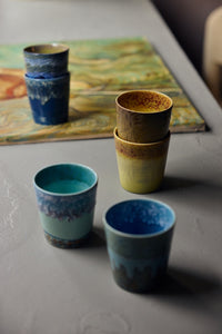 HKLIVING Van Gogh Sunflowers coffee mugs styled with colourful 70s ceramics mugs