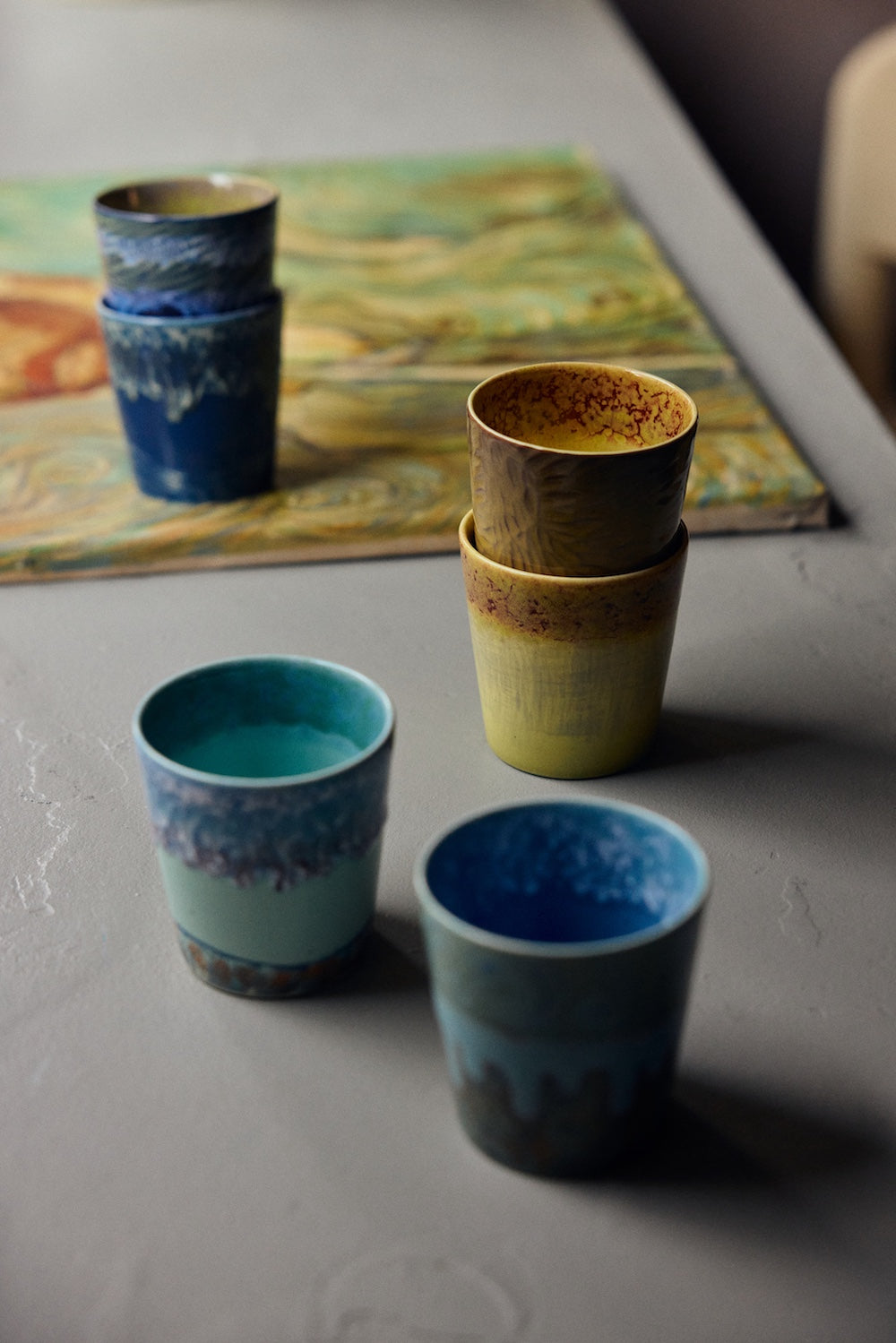HKLIVING Van Gogh Sunflowers coffee mugs styled with colourful 70s ceramics mugs