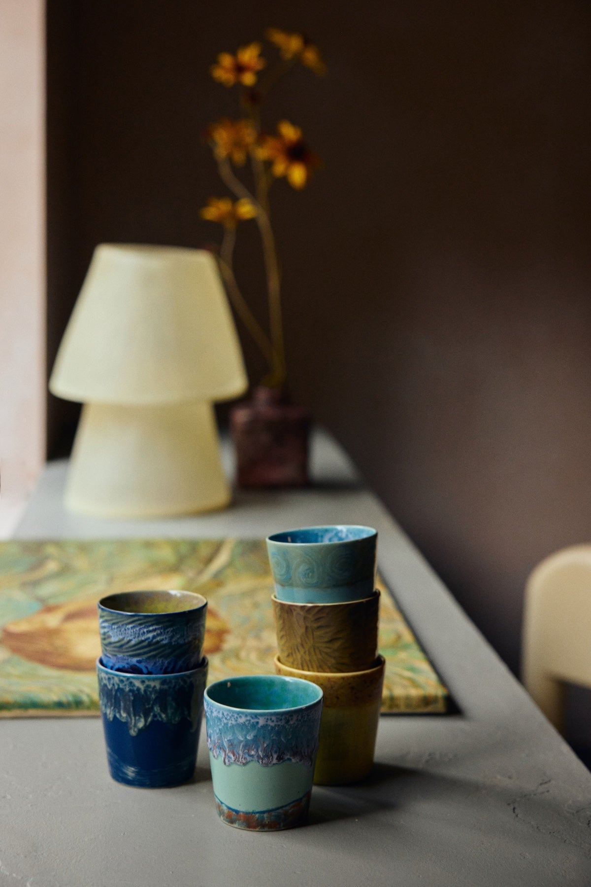 HKLIVING Van Gogh Self Portrait coffee mugs styled with colourful 70s ceramics mugs