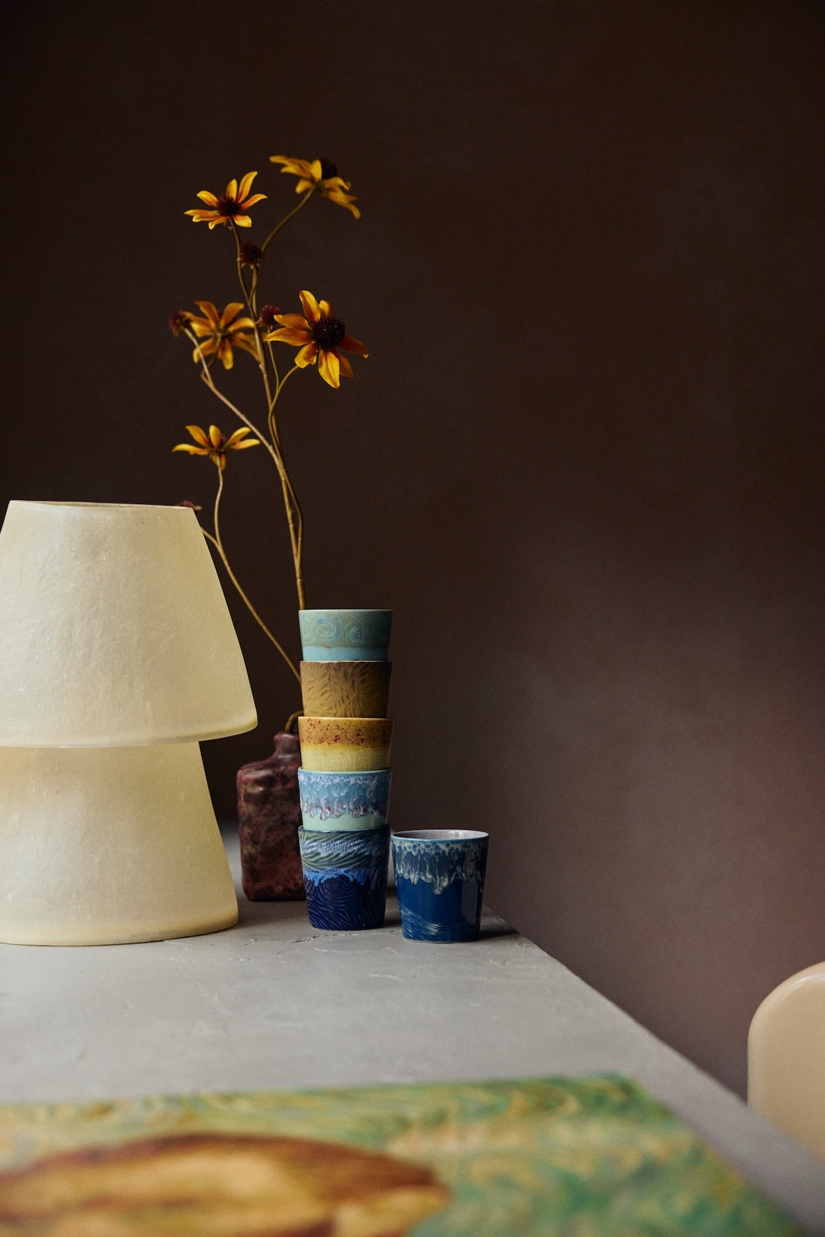 HKLIVING Van Gogh Starry Night coffee mugs styled with colourful 70s ceramics mugs and soft lighting