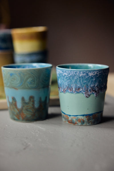 Van Gogh Self Portrait coffee mugs by HKLIVING showing blue painterly ceramic glaze