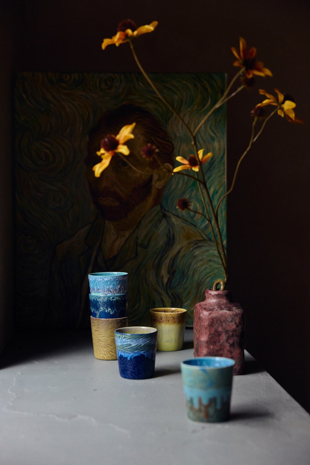 HKLIVING Van Gogh Starry Night mugs styled with mixed art-inspired coffee mugs and yellow flowers