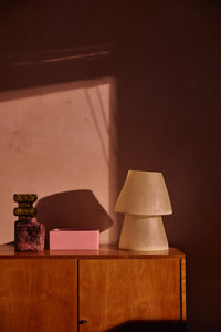 HKLIVING Glassfibre Table Lamp in Off White on a timber sideboard alongside decorative objects in a warm-toned interior