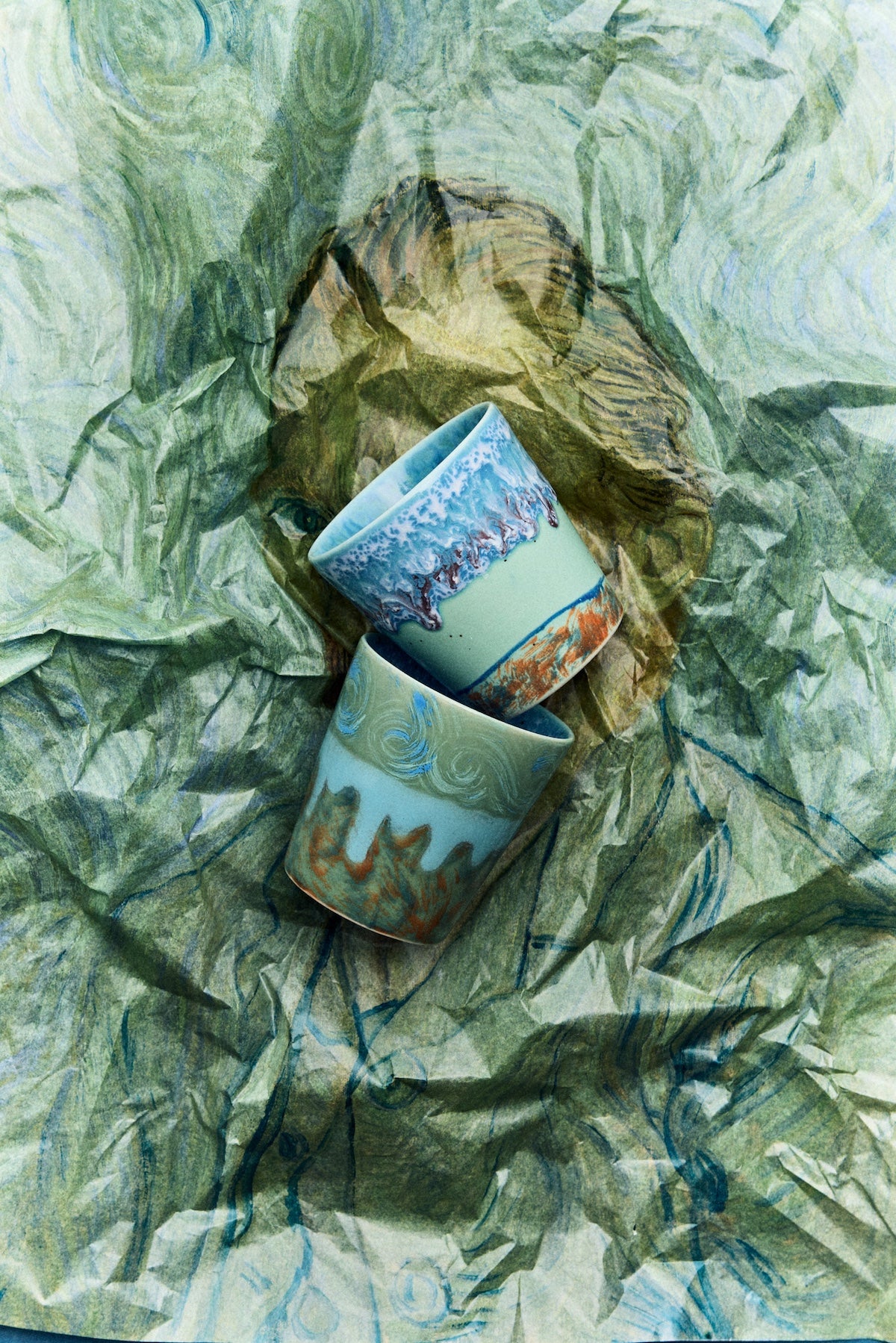 HKLIVING Self Portrait coffee mugs styled on Van Gogh inspired blue artwork