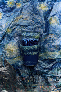 close up of HKLIVING Starry Night coffee mugs showing swirling blue glaze on Van Gogh inspired artwork