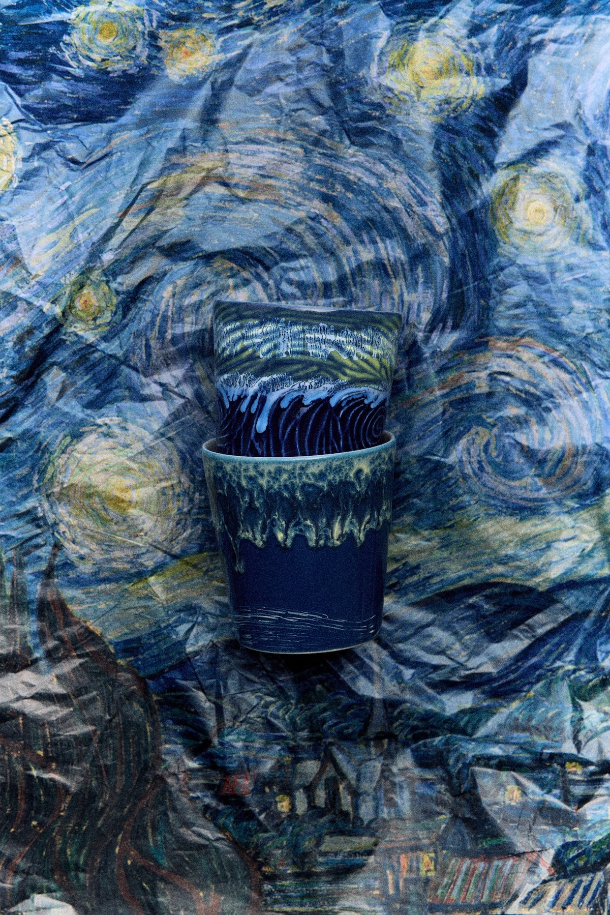 close up of HKLIVING Starry Night coffee mugs showing swirling blue glaze on Van Gogh inspired artwork
