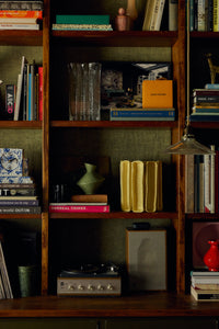 Ribbed cotton maché vase in yellow, lifestyle shot