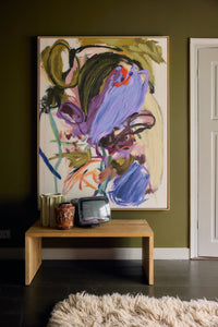 Abstraction framed artwork by HKLIVING styled above a wooden bench with ceramic vases and a vintage television, against an olive green wall